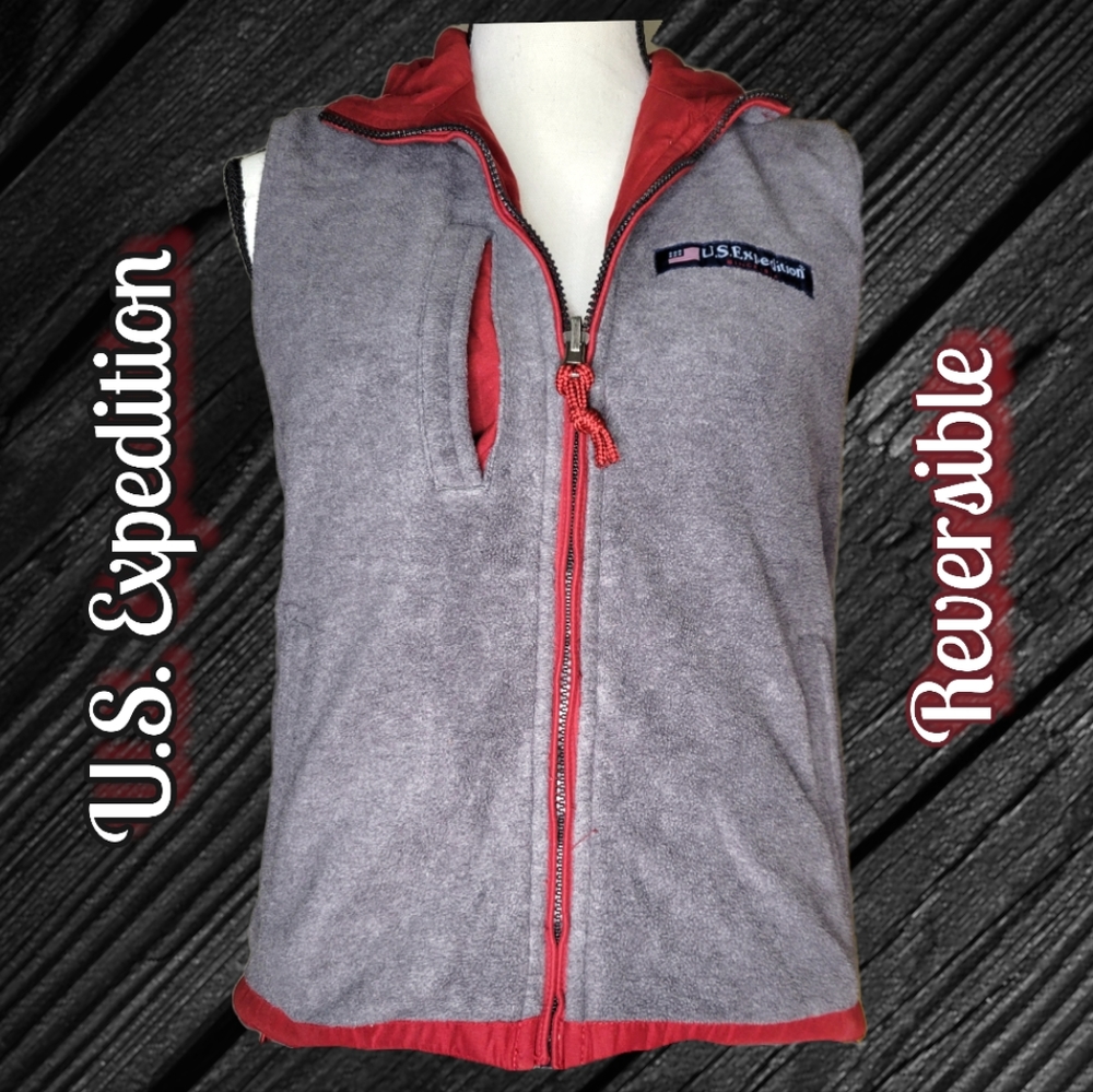 Vtg Women's US Expedition Reversible Vest Red/Gray Pockets Zip Up Front